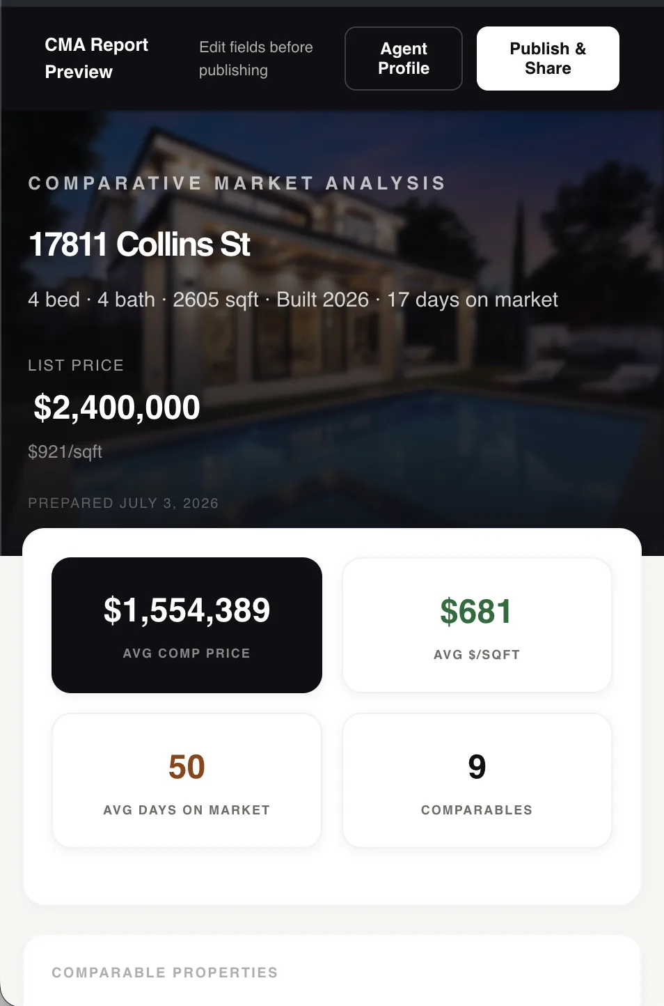 ArrisX CMA report preview ready to publish and share, with average comp price and price per square foot
