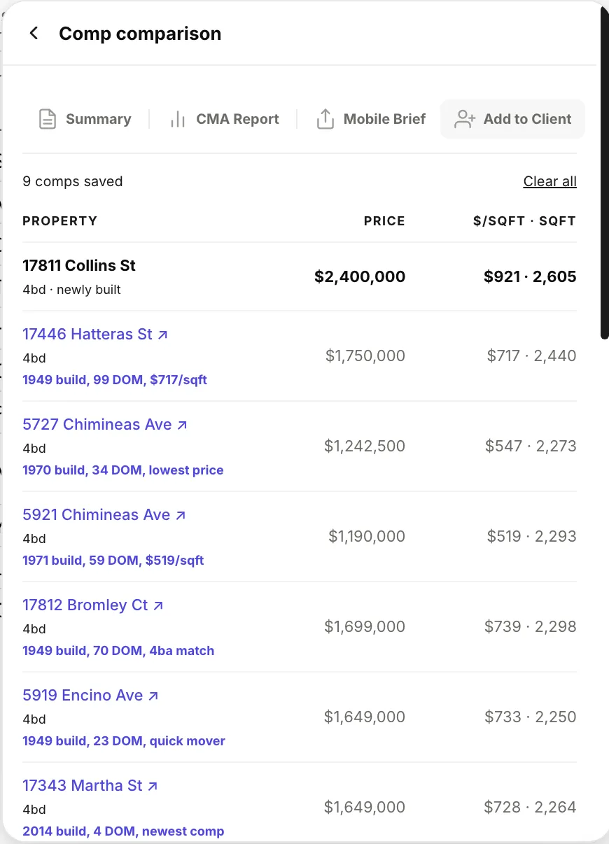 ArrisX comp comparison table with nine saved comps ranked by price and price per square foot