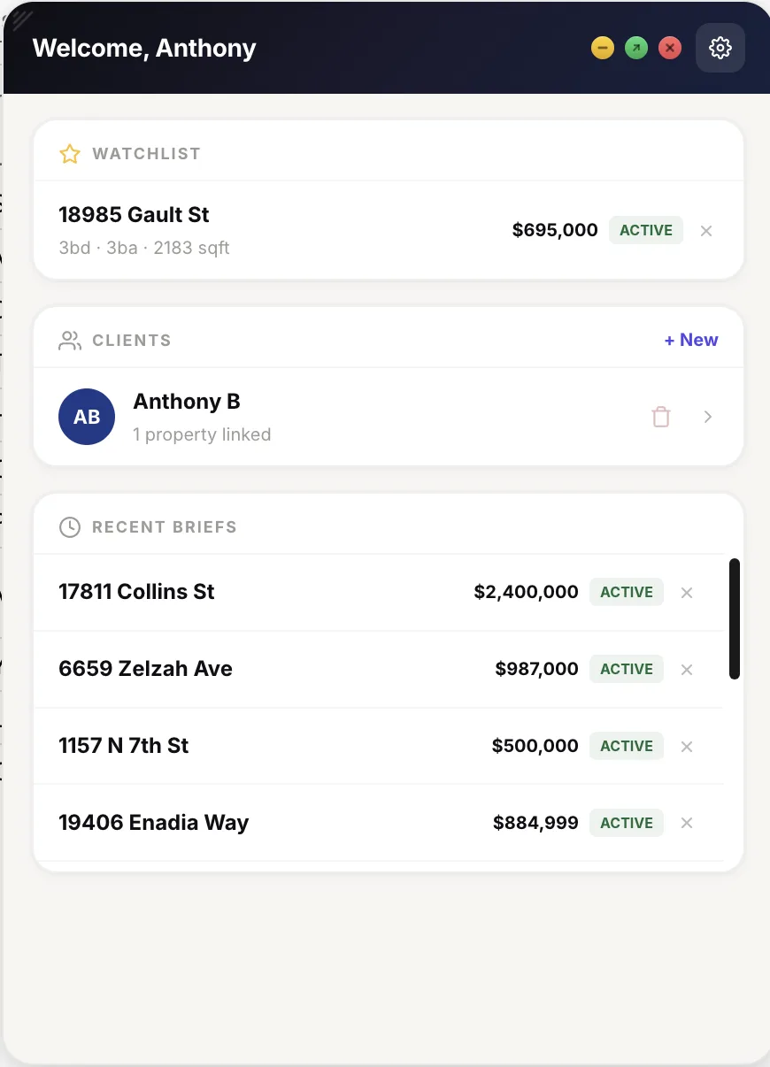 ArrisX pipeline dashboard showing watchlist, linked clients, and recent property briefs